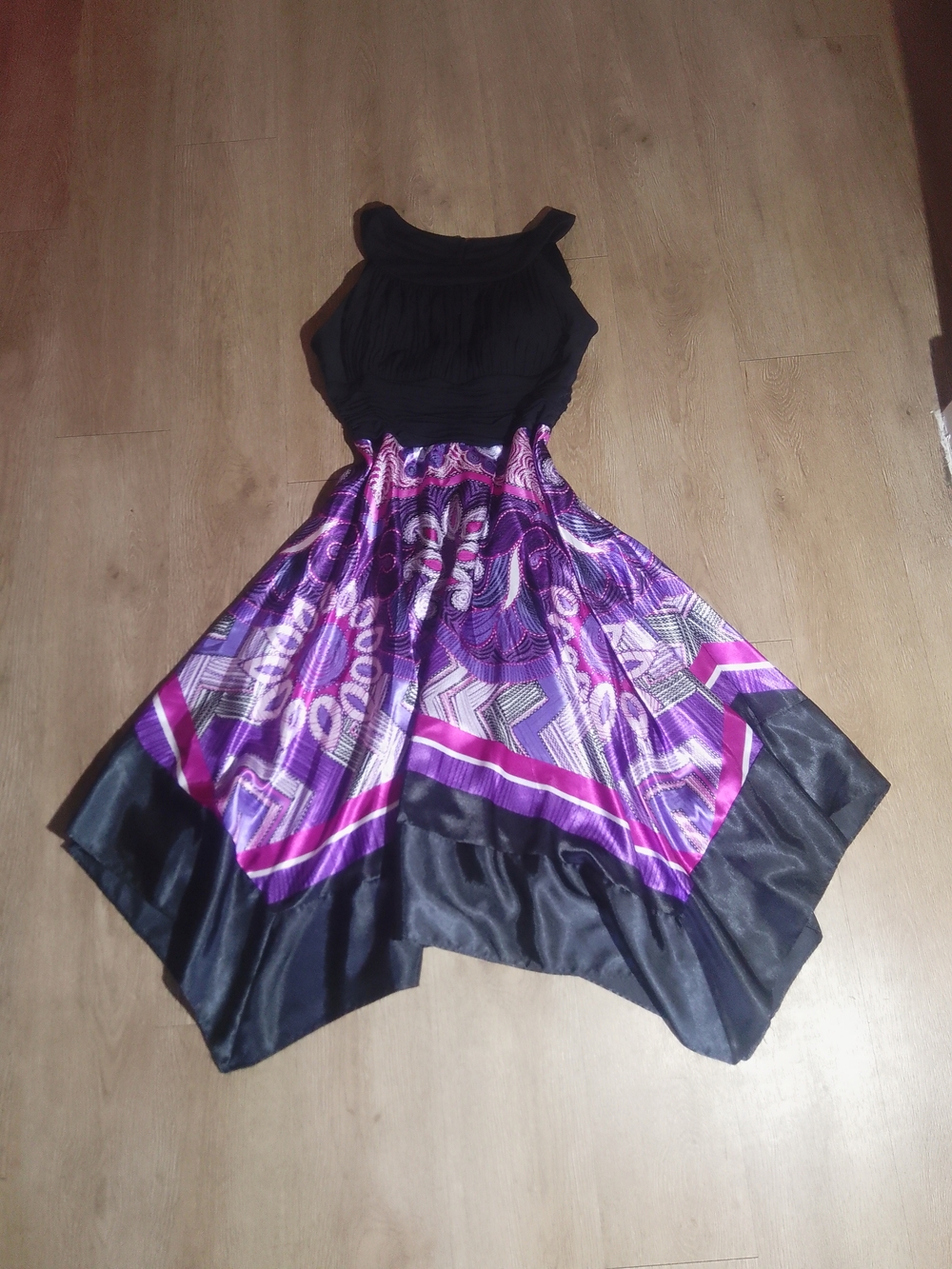 dressbarn Black Bodice with Purple Printed Skirt Dress